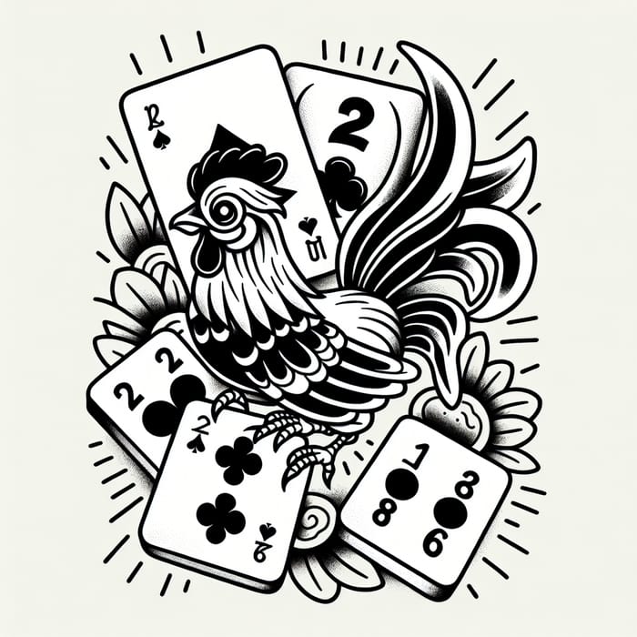 Intricate Tattoo Design with Chicken Joker and Mahjong Tiles 2 & 6