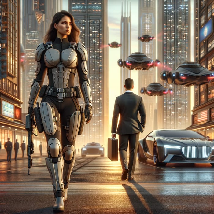 Female Bodyguard Safeguarding CEO in Futuristic City