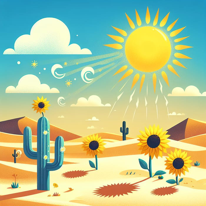 Intense Heat: Sunflowers, Cactus, and Mirage in Hot Summer Day