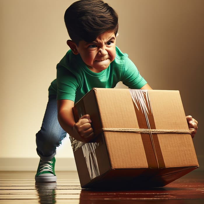 Child Moving Box with Effort | Energetic Scene