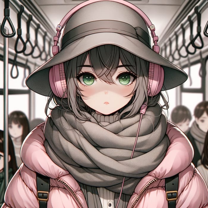 Anime Girl in Grey Hat & Pink Puffer Jacket - Stylish Bus Contrast