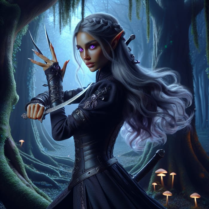 South Asian Female Elf Thief with Dual Daggers in Enchanted Forest