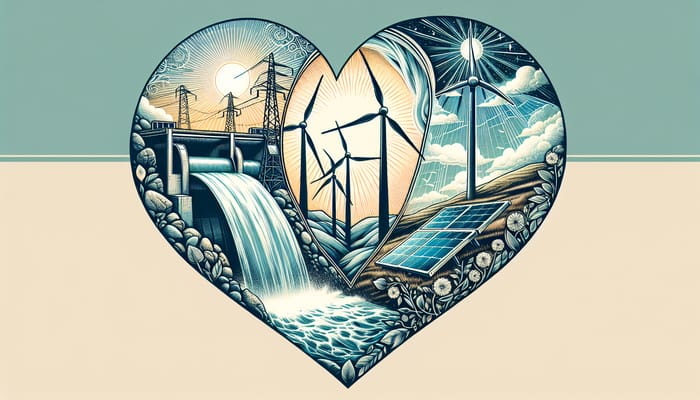 Heart of Renewable Energy: Water, Solar, Wind Icons