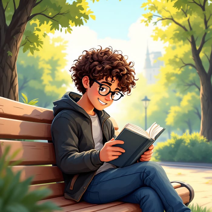 Curly-Haired Boy Reading in a Cartoon Park