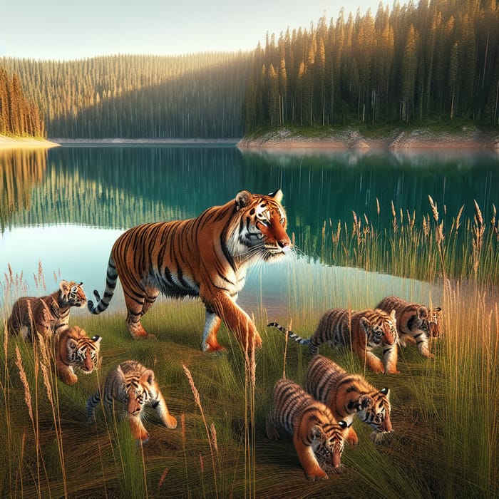 Majestic Tiger by Lake with Playful Cubs - Wildlife Photography