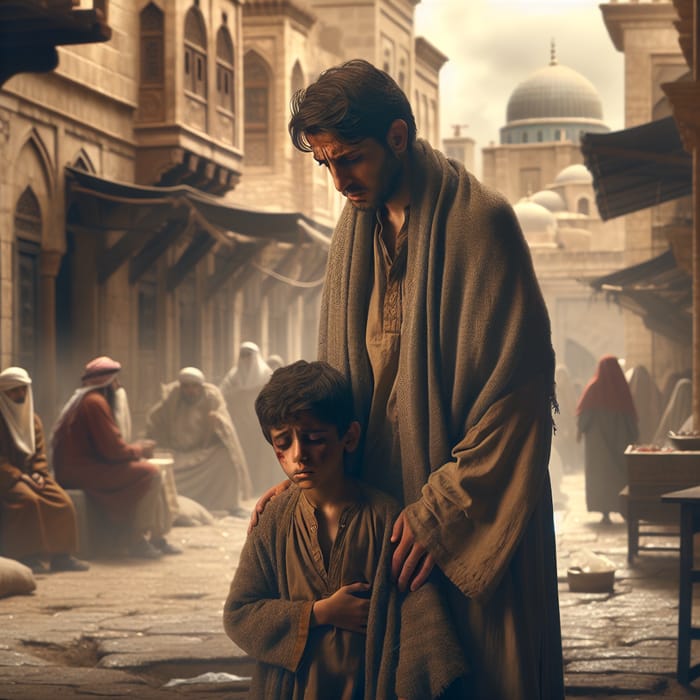 Sick Middle-Eastern Man Protects Young Boy in Historic City