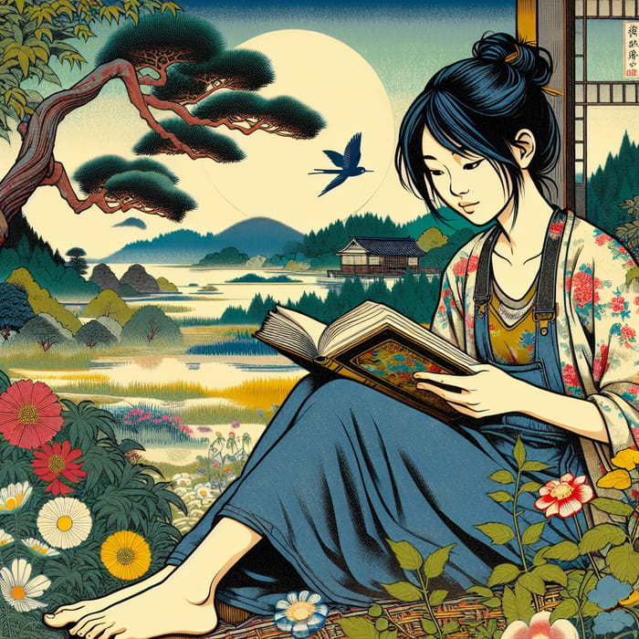 Hayao Miyazaki-Style Teen Girl Reading Book in Peaceful Countryside Setting