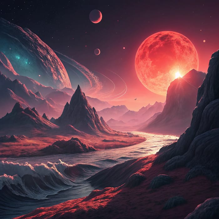 Surreal Alien Landscape with Red Sun