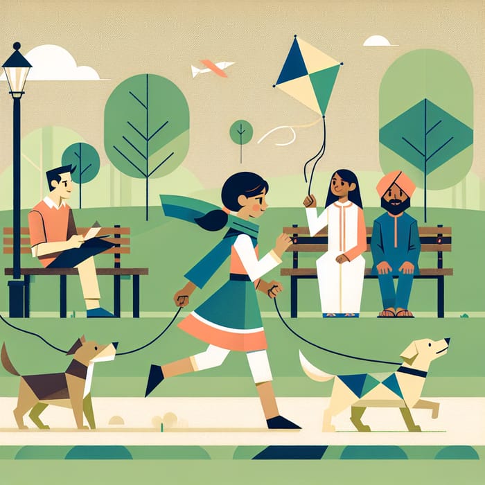 Flat Illustration of Geometric Figures with Running Girl in Park