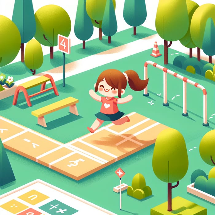 Simple Geometric Park Scene with Cute Girl Skipping Over Vault