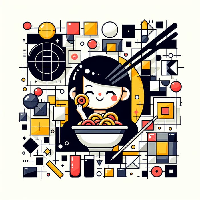 Harmonious Geometric Figures Flat Illustration with Asian Girl Eating Pasta