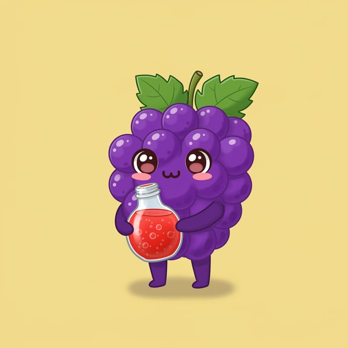 Cute Grape Mascot with Sparkling Juice Bottle