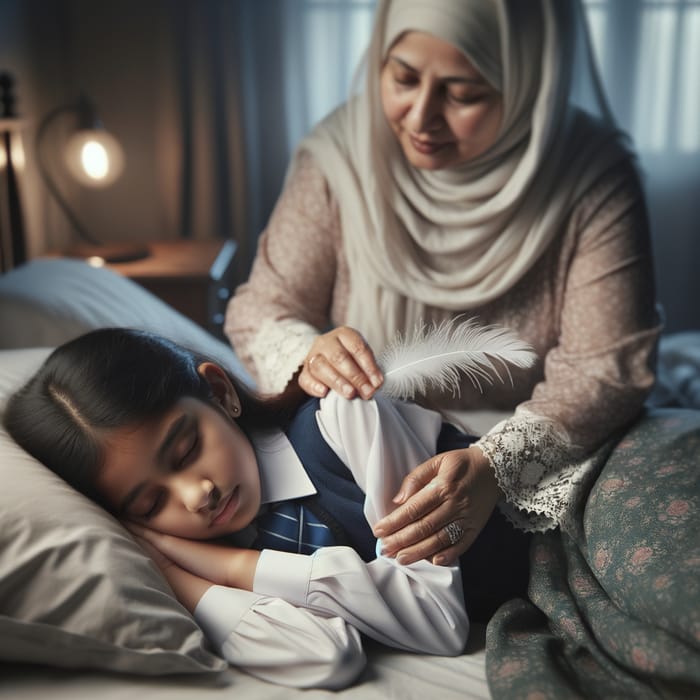 Peaceful Scene: Sleeping South Asian Girl in Cozy Bedroom