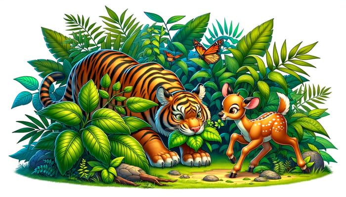 Hidden Juvenile Tiger Hunting Scene: Playful Prey & Predator