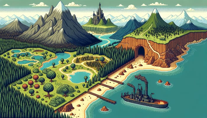 Pixel Art Adventure Map: Majestic Landscapes for Game Selection Screen