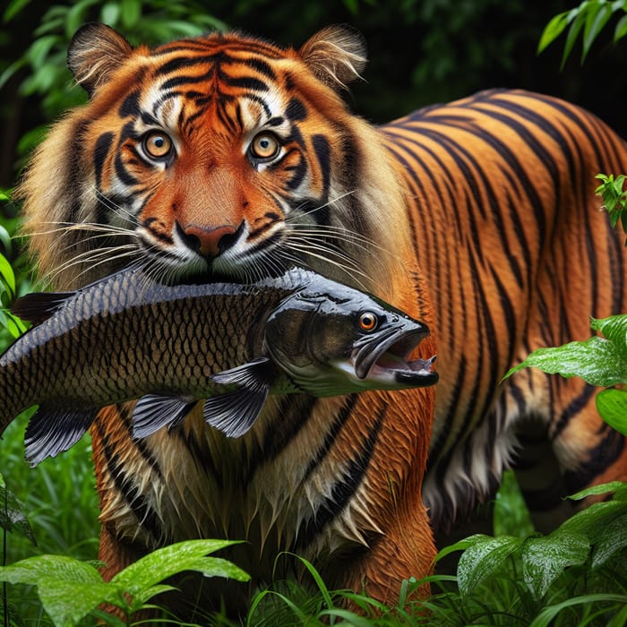 Majestic Tiger with Lively Black Fish in Jungle