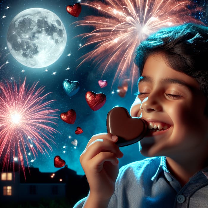 Kid Eating Heart-Shaped Chocolates with Fireworks