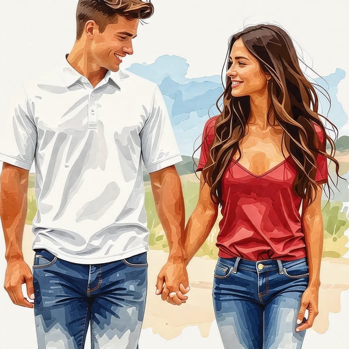 Young Couple Holding Hands Watercolor Painting