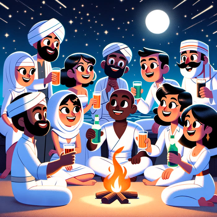 Nighttime Beach Fiesta with White-Clad Friends, Disney Pixar Style