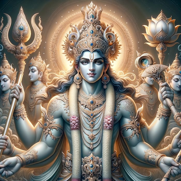 Detailed Lord Vishnu Art: Majestic Pose Amidst Cosmic Glory