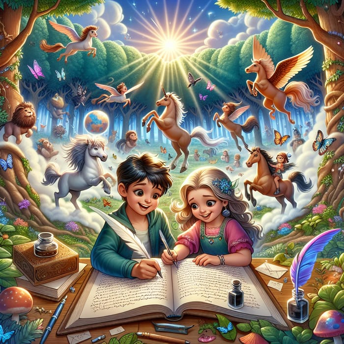 Enchanted Forest Book Cover: Children Writing Letters, Magical Creatures