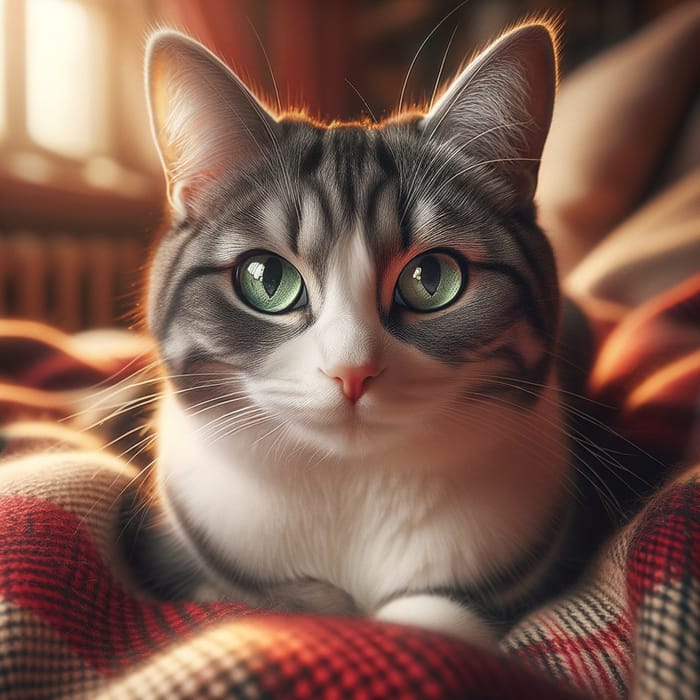 Adorable Gray and White Cat Resting on Plaid Blanket