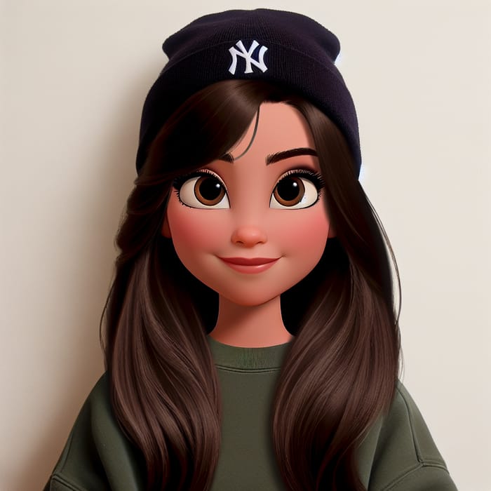 Disney Princess with Brown Eyes and Dark Brown Hair in Green Sweatshirt