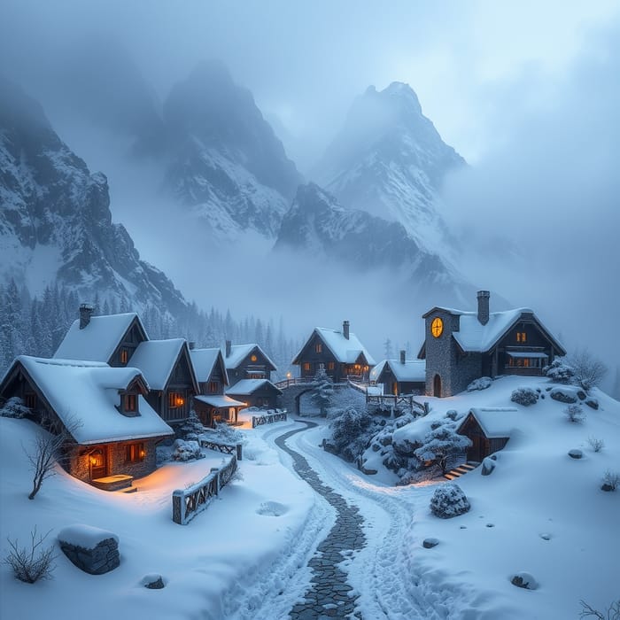 Enchanting Snowy Fantasy Village in Winter Wonderland