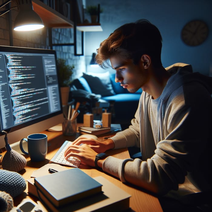 Serene 19-Year-Old Hispanic Male Immersed in Technology