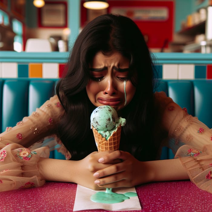 Upset Girl Eating Mint Chocolate Ice Cream at Retro Diner