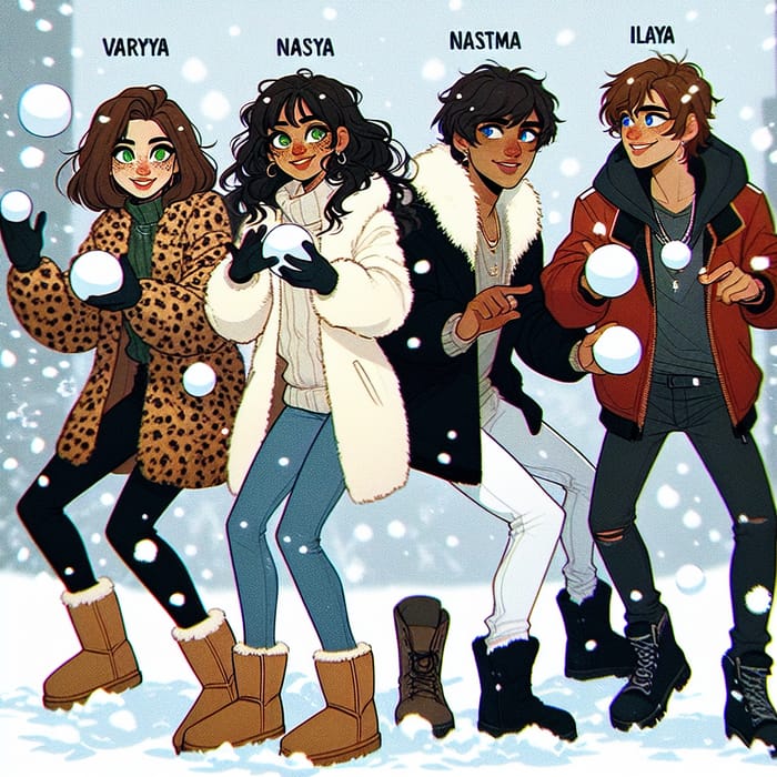 Disney Style Winter Snowball Fight: Best Friends in Leopard and Red Jackets