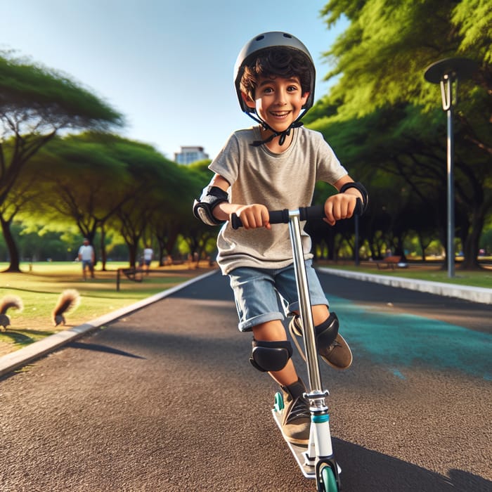 Hispanic Boy on Scooter in Urban Park