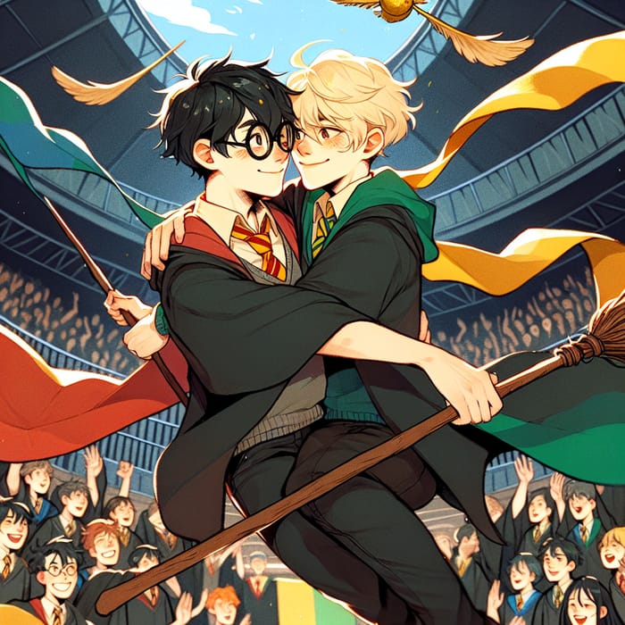 Harry Potter and Draco Malfoy Magical Quidditch Embrace Harry Potter and Draco Malfoy Magical Quidditch Embrace