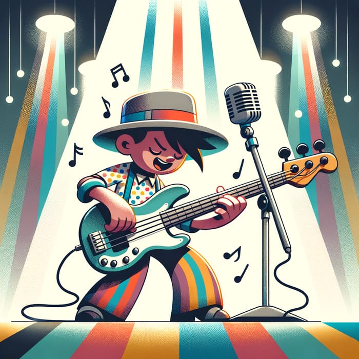 Colorful Cartoon Character Playing Bass Guitar on Vibrant Stage Colorful Cartoon Character Playing Bass Guitar on Vibrant Stage