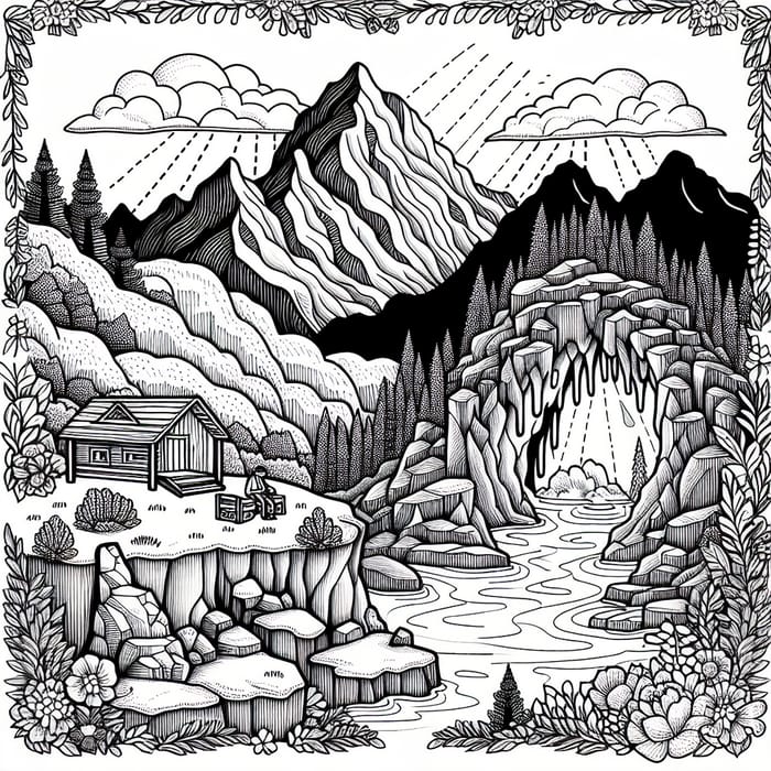 Mountain Cave Coloring Page | Explore Your Artistic Side