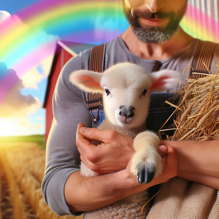 Sheep in Shepherd's Arms Under Rainbow