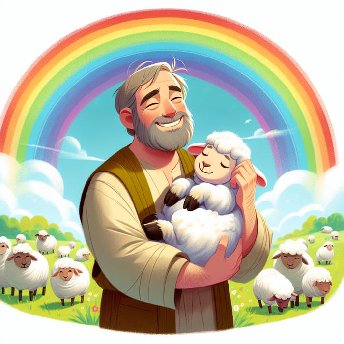 Adorable Cartoon Sheep Cuddled by Shepherd under Rainbow