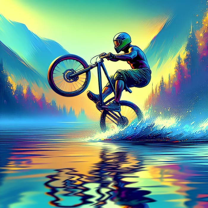 Exuberant Bicycle Stunt at Calm Lake - Adventure Sports Photography