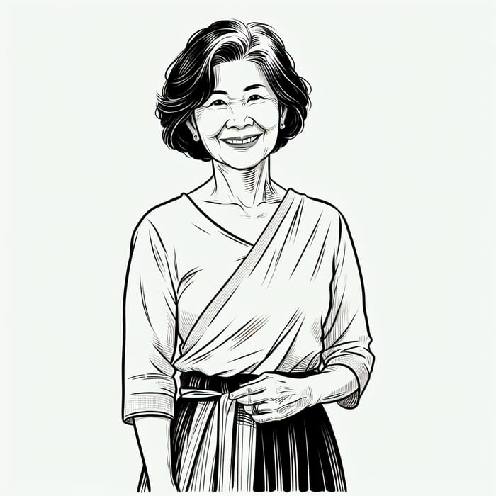 Charming Black & White Line Drawing of a 60-Year-Old Woman