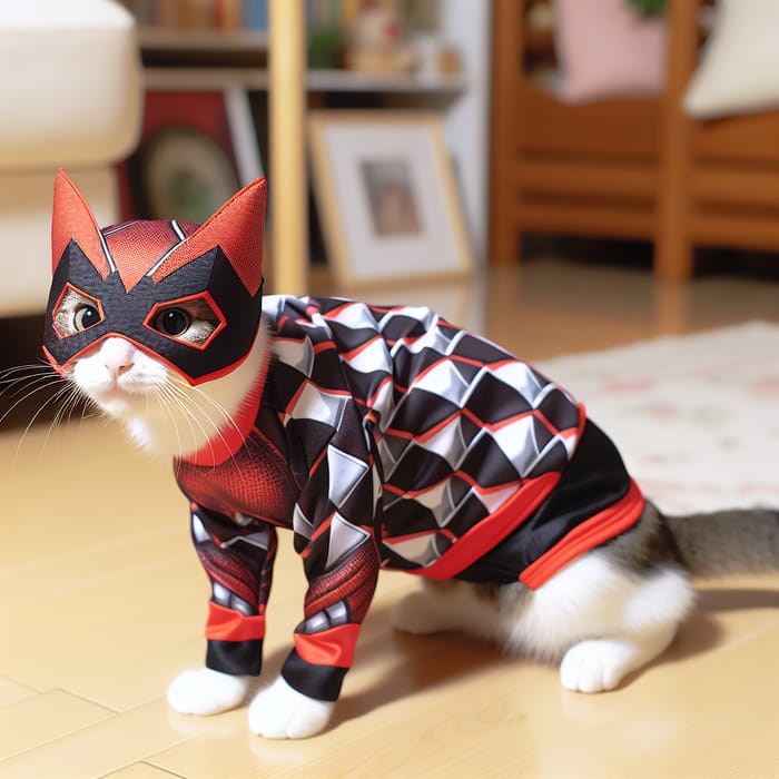 Playful Cat Dressed as Deadpool Superhero