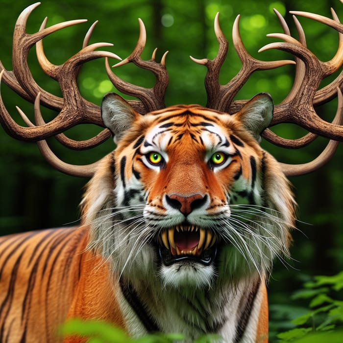 Astrid the Tiger with Deer Horns: Enigmatic Creature in Forest