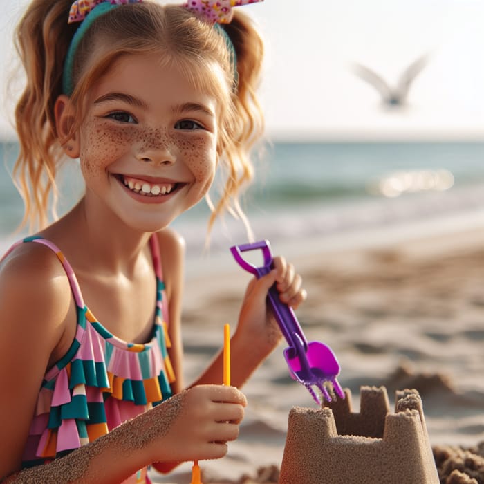 Young Girl in Colorful Swimsuit Building Sandcastle at Beach