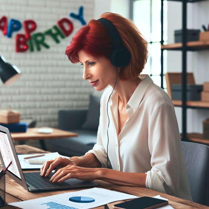 Caucasian Woman 40s Red Haircut Accountant Happy Birthday Celebrating