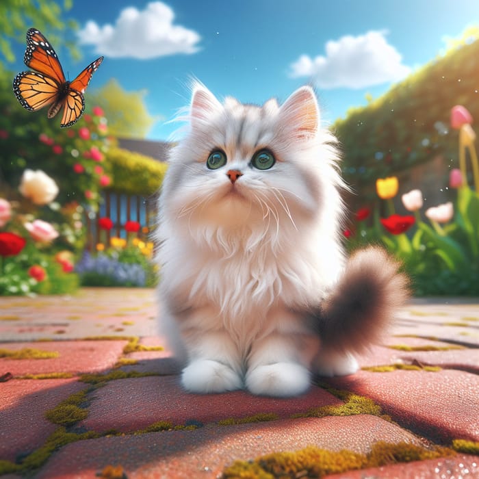 Fluffy White Cat Gazing at Butterfly in Beautiful Garden