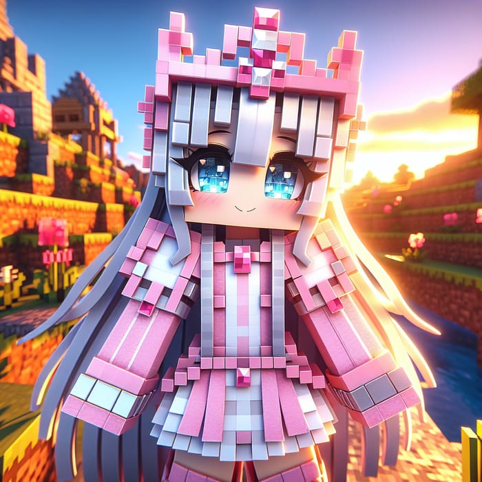 Cute Girl in Minecraft: Pink Armor & Tiara Adventure