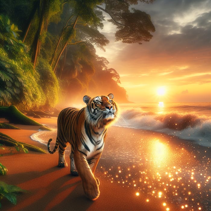 Bengal Tiger Roaming Seashore with Jungle Backdrop