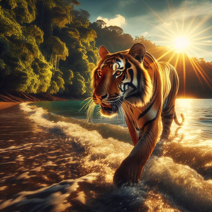 Bengal Tiger Walks along Jungle Shore with Sun Glare on Waves