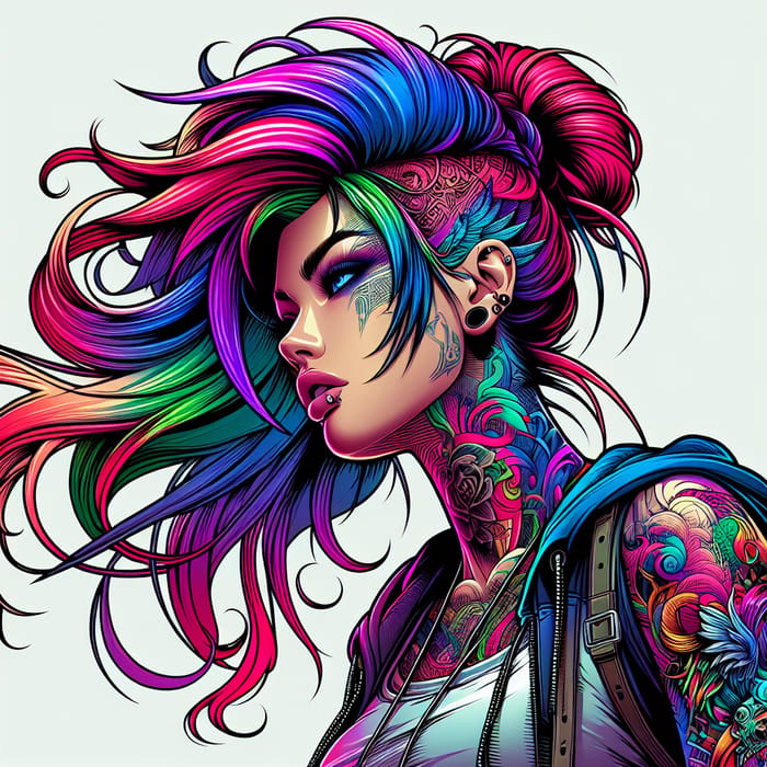 Vibrant Cyberpunk Comic Art: Young Caucasian Woman with Intricate Tattoos