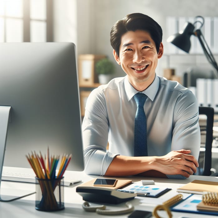 Happy Chinese Businessman in Office Environment