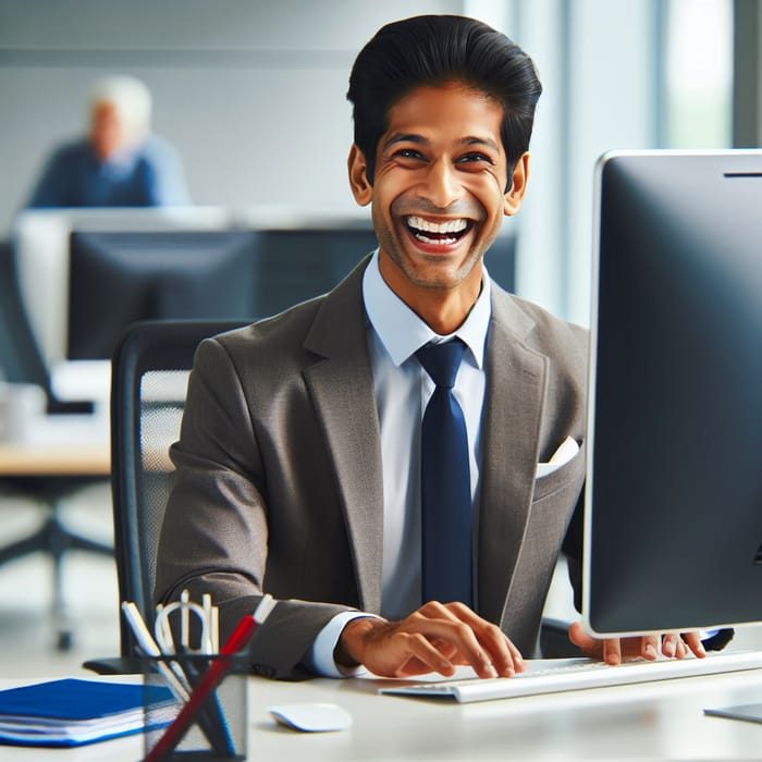 Happy South Asian Businessman at Office Desk